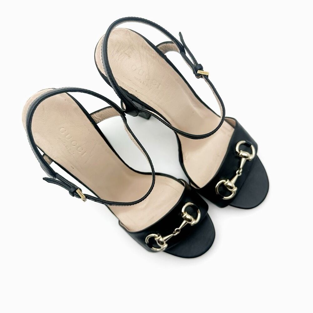 GUCCI Horsebit Black Leather Heeled Sandal Size 38 Leather Block Claudie - Picture 3 of 13